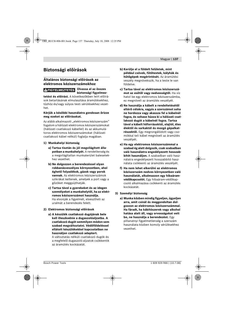 Biztonsági előírások | Bosch GSB 16 RE Professional User Manual | Page 137 / 229