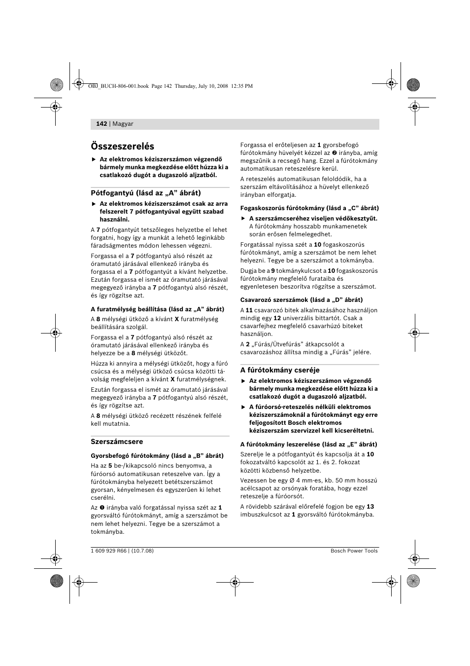 Összeszerelés | Bosch GSB 16 RE Professional User Manual | Page 142 / 229