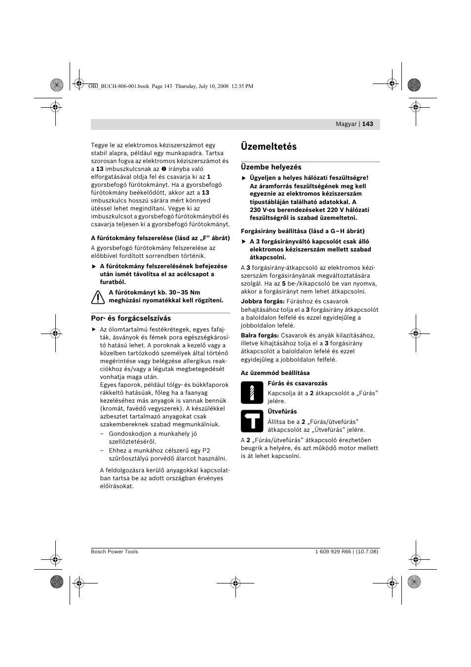 Üzemeltetés | Bosch GSB 16 RE Professional User Manual | Page 143 / 229