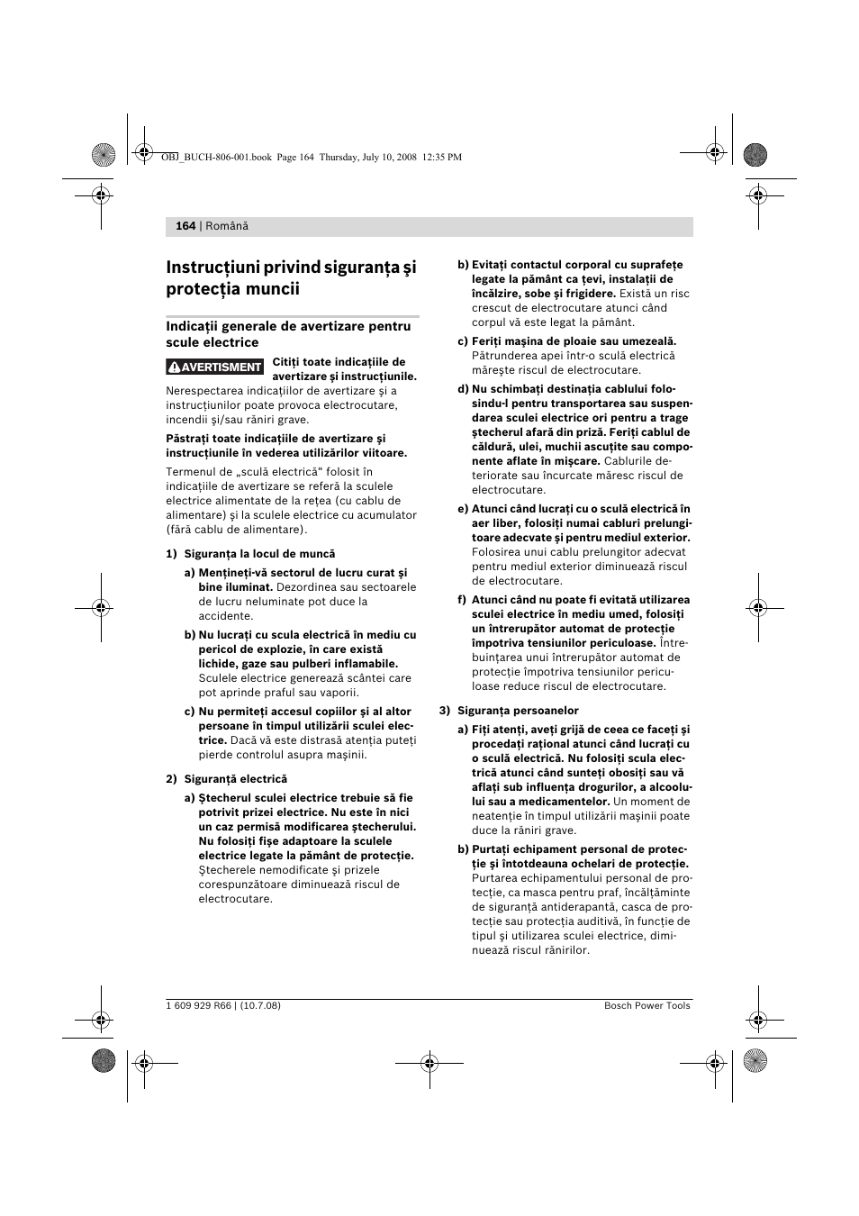 Instrucţiuni privind siguranţa şi protecţia muncii | Bosch GSB 16 RE Professional User Manual | Page 164 / 229