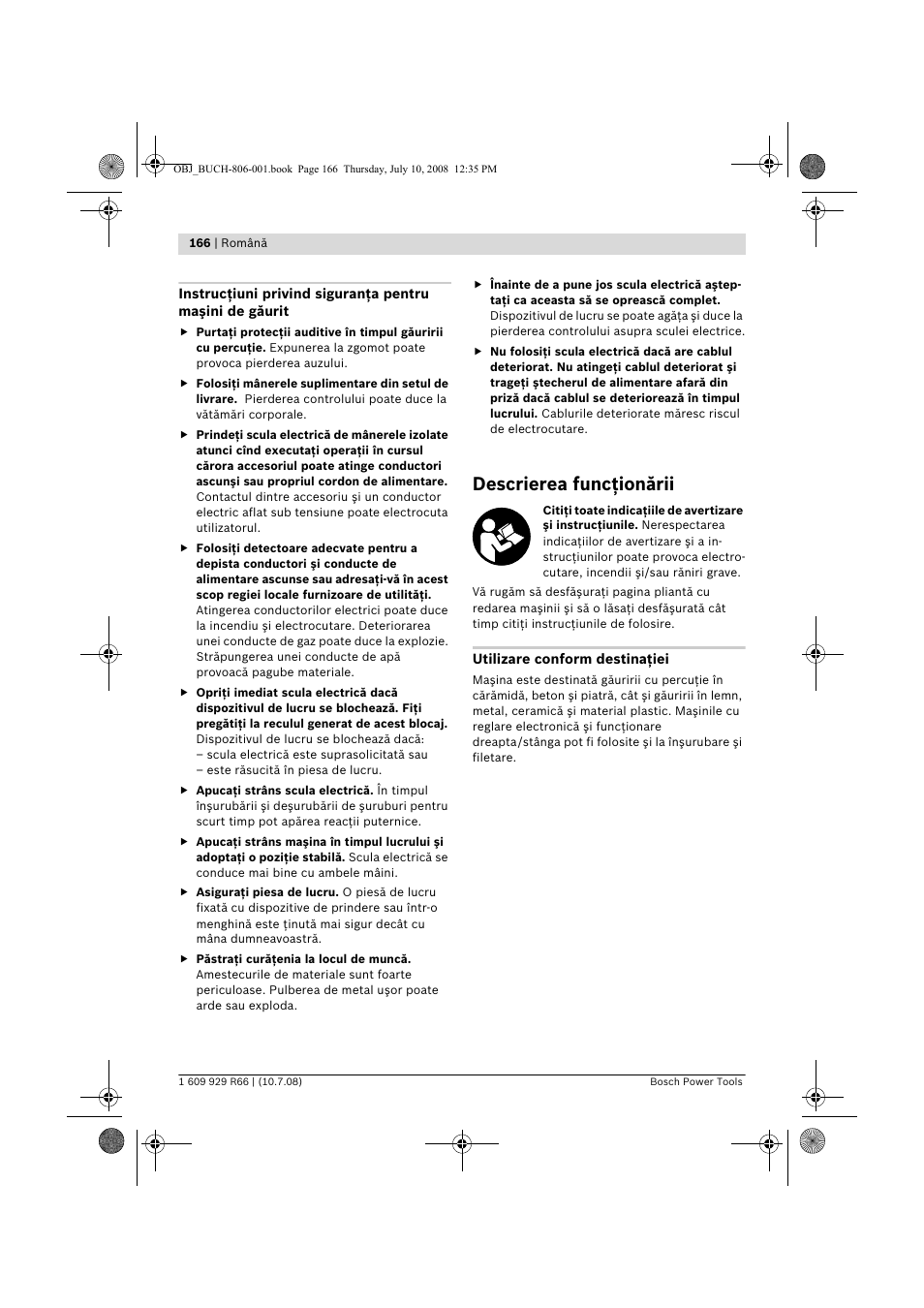 Descrierea funcţionării | Bosch GSB 16 RE Professional User Manual | Page 166 / 229