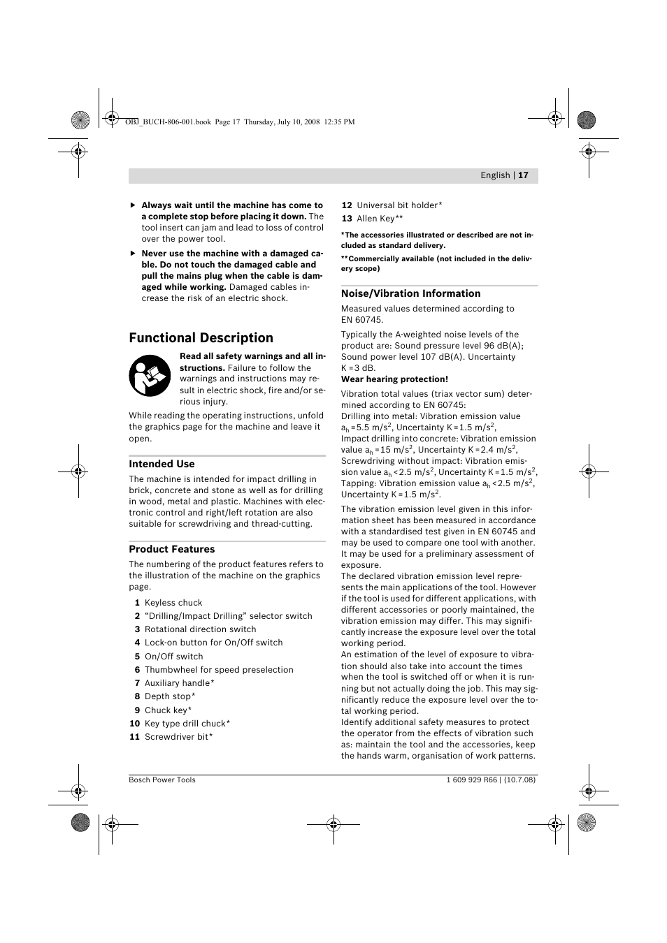 Functional description | Bosch GSB 16 RE Professional User Manual | Page 17 / 229