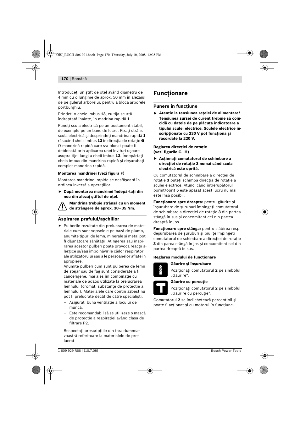 Funcţionare | Bosch GSB 16 RE Professional User Manual | Page 170 / 229