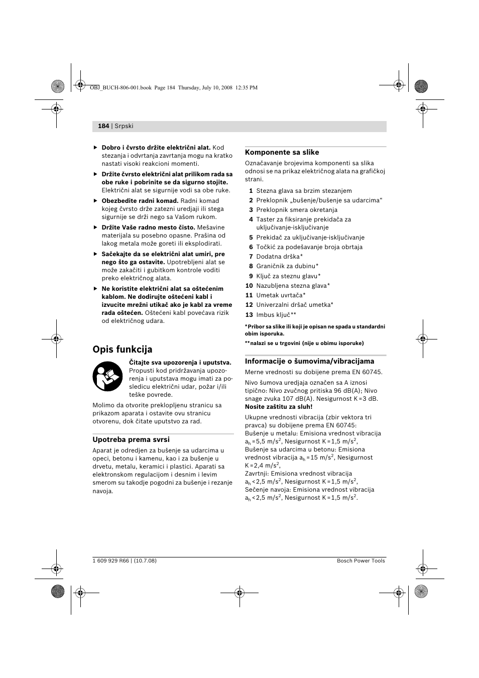 Opis funkcija | Bosch GSB 16 RE Professional User Manual | Page 184 / 229