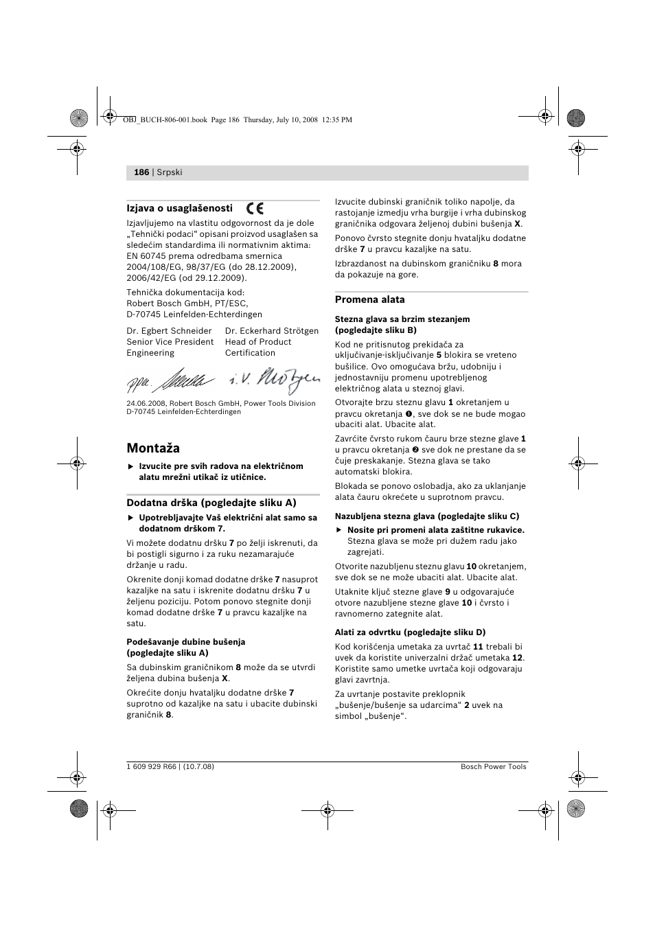 Montaža | Bosch GSB 16 RE Professional User Manual | Page 186 / 229