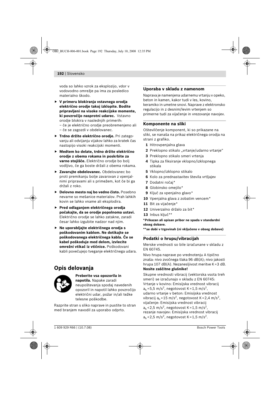 Opis delovanja | Bosch GSB 16 RE Professional User Manual | Page 192 / 229