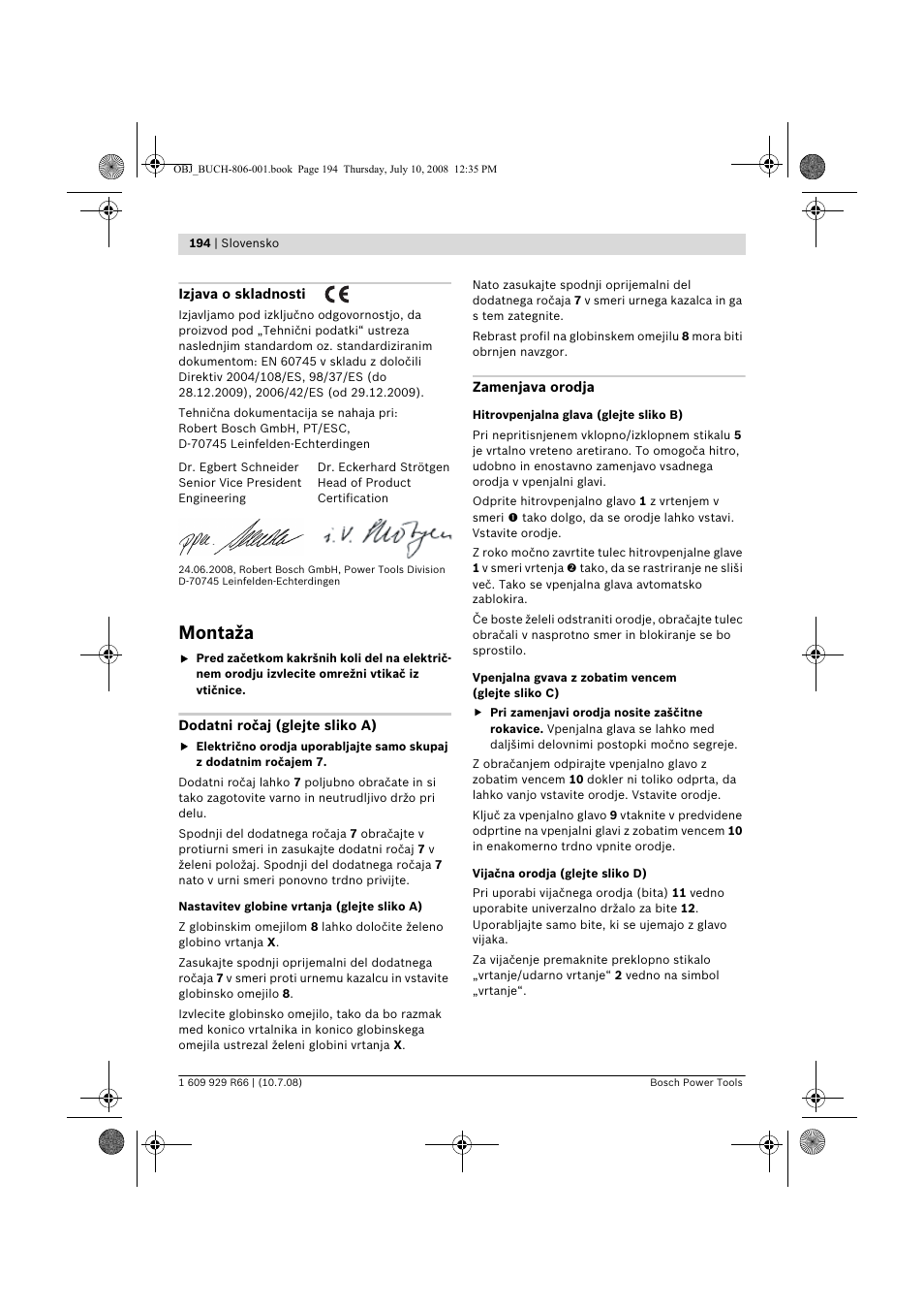 Montaža | Bosch GSB 16 RE Professional User Manual | Page 194 / 229