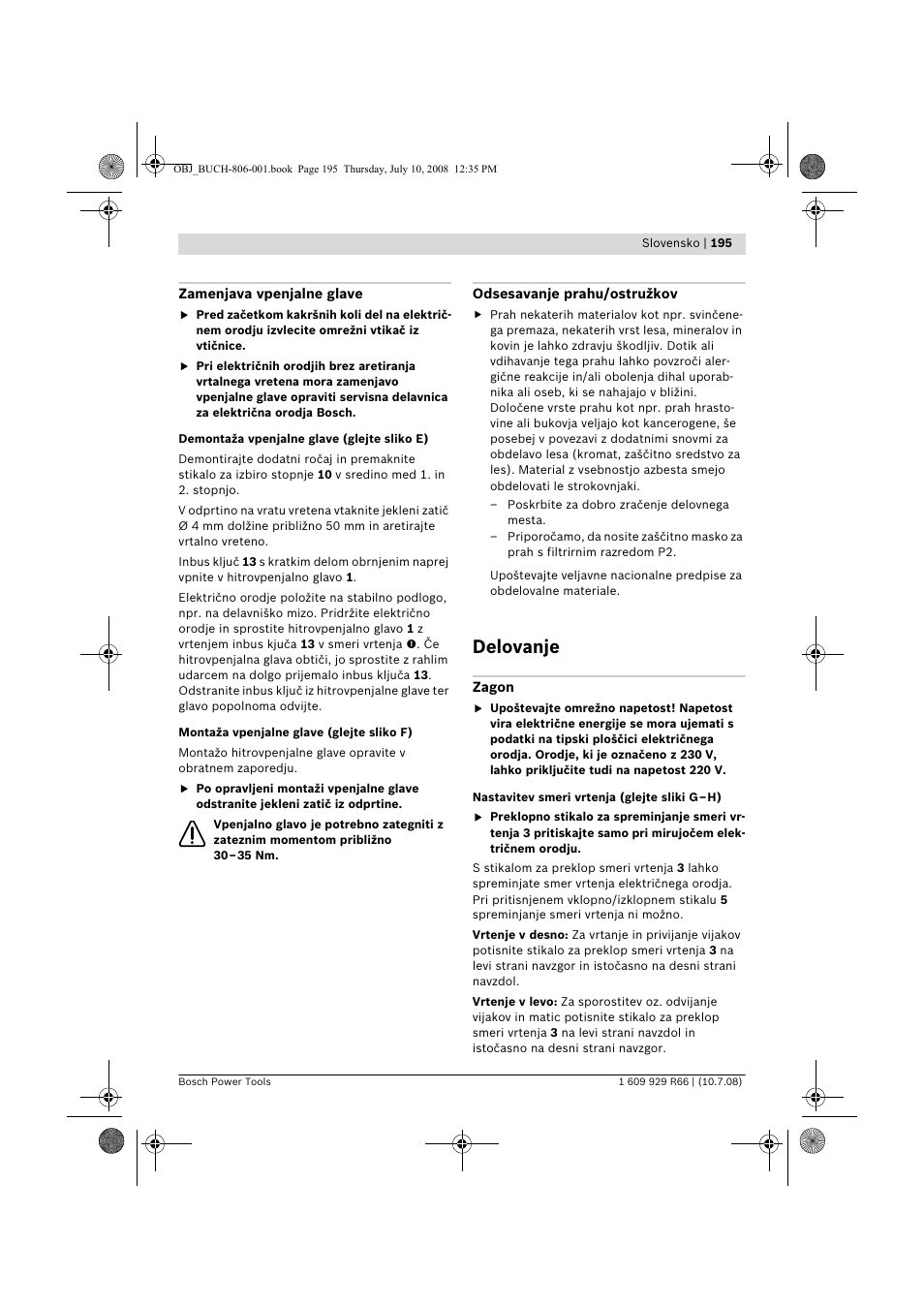 Delovanje | Bosch GSB 16 RE Professional User Manual | Page 195 / 229