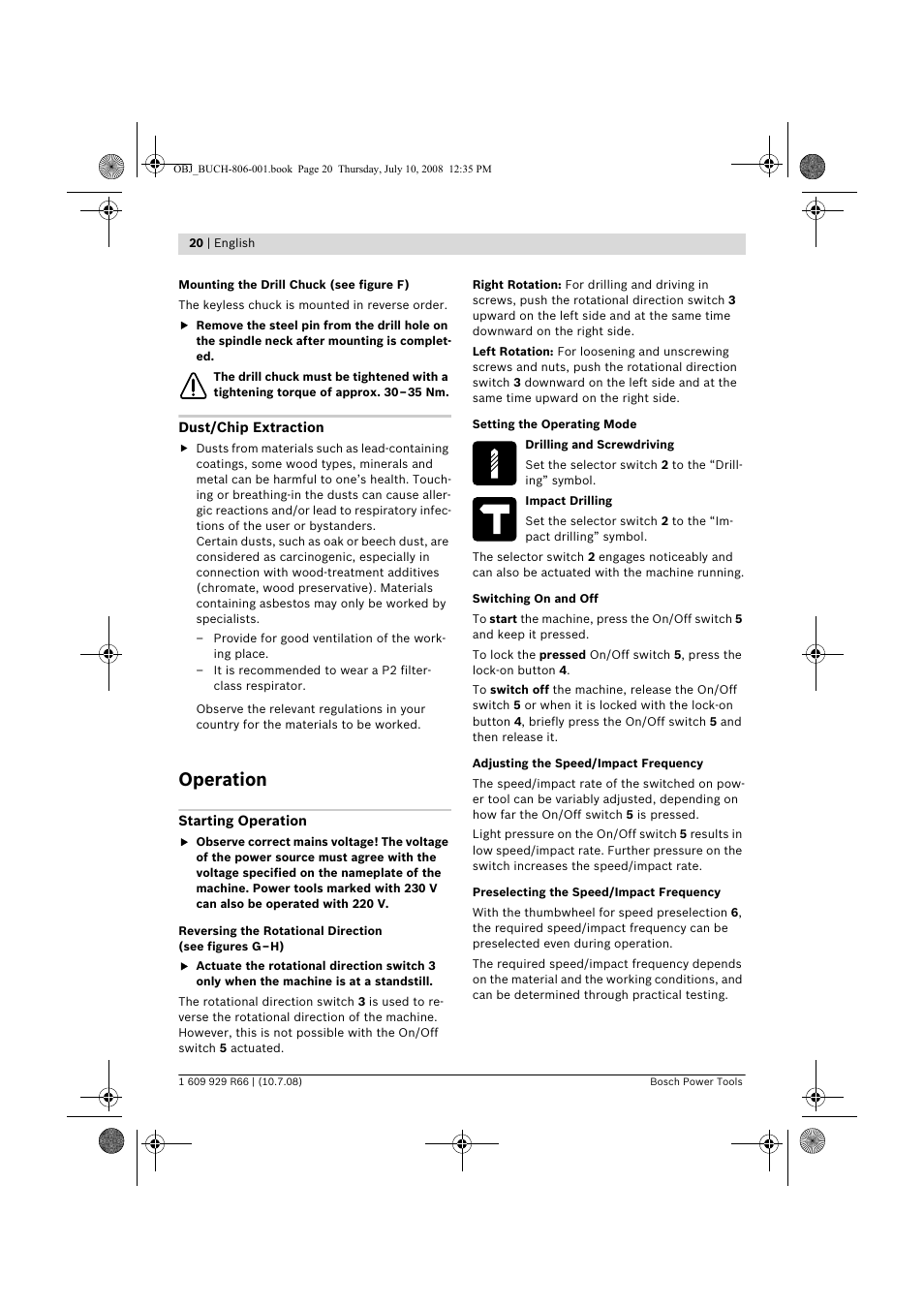 Operation | Bosch GSB 16 RE Professional User Manual | Page 20 / 229