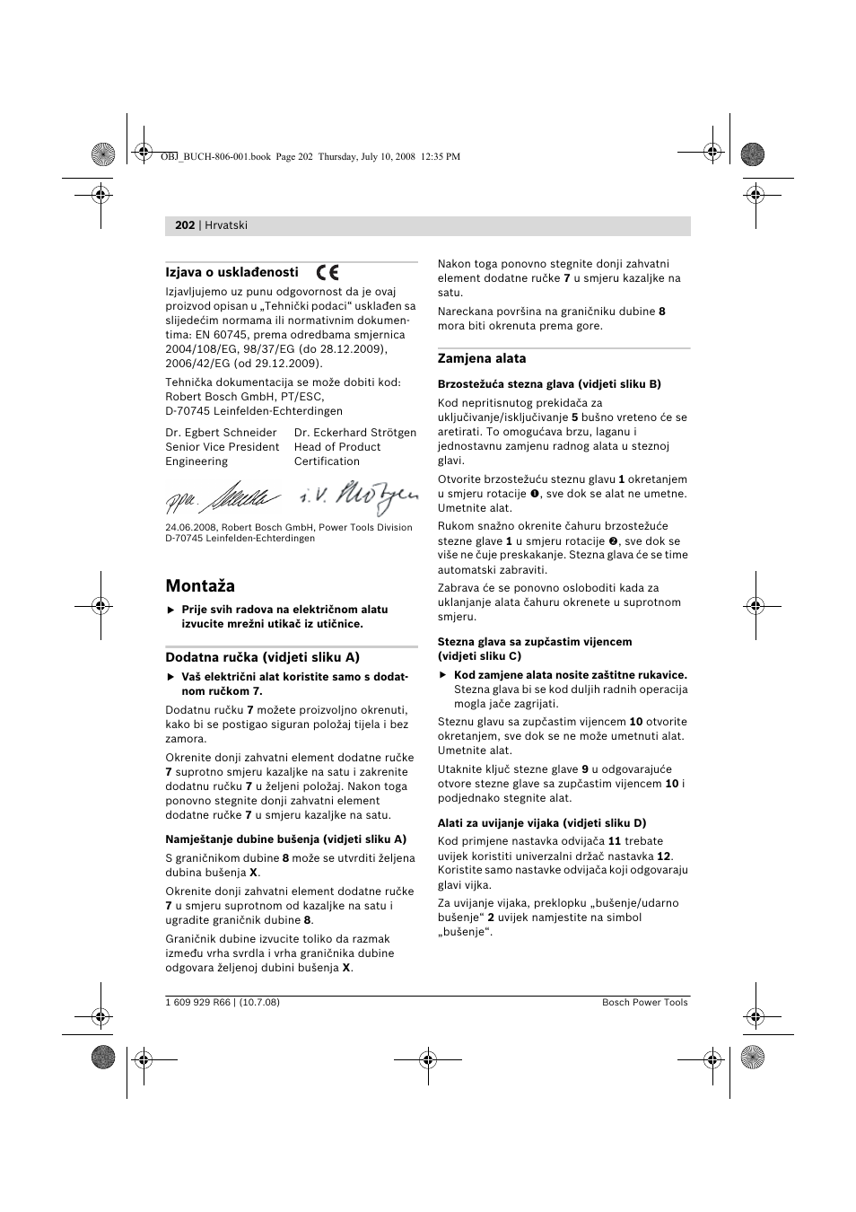 Montaža | Bosch GSB 16 RE Professional User Manual | Page 202 / 229