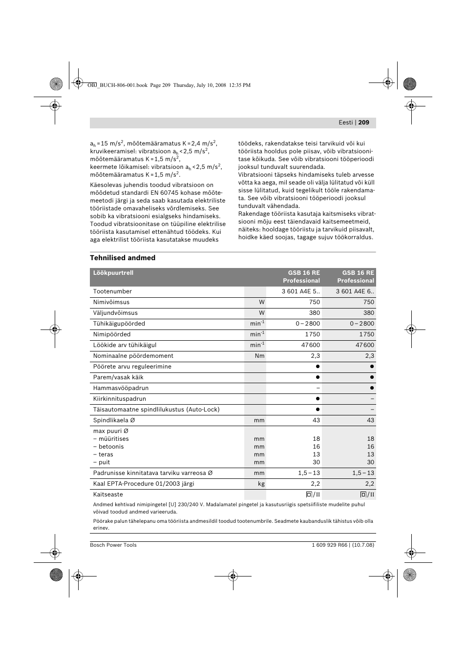 Bosch GSB 16 RE Professional User Manual | Page 209 / 229