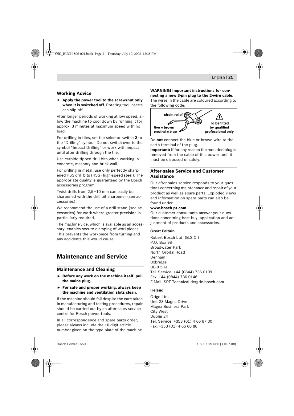 Maintenance and service | Bosch GSB 16 RE Professional User Manual | Page 21 / 229