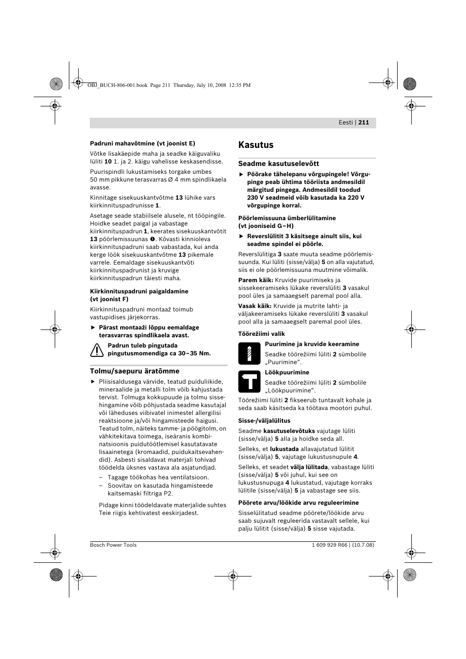 Kasutus | Bosch GSB 16 RE Professional User Manual | Page 211 / 229