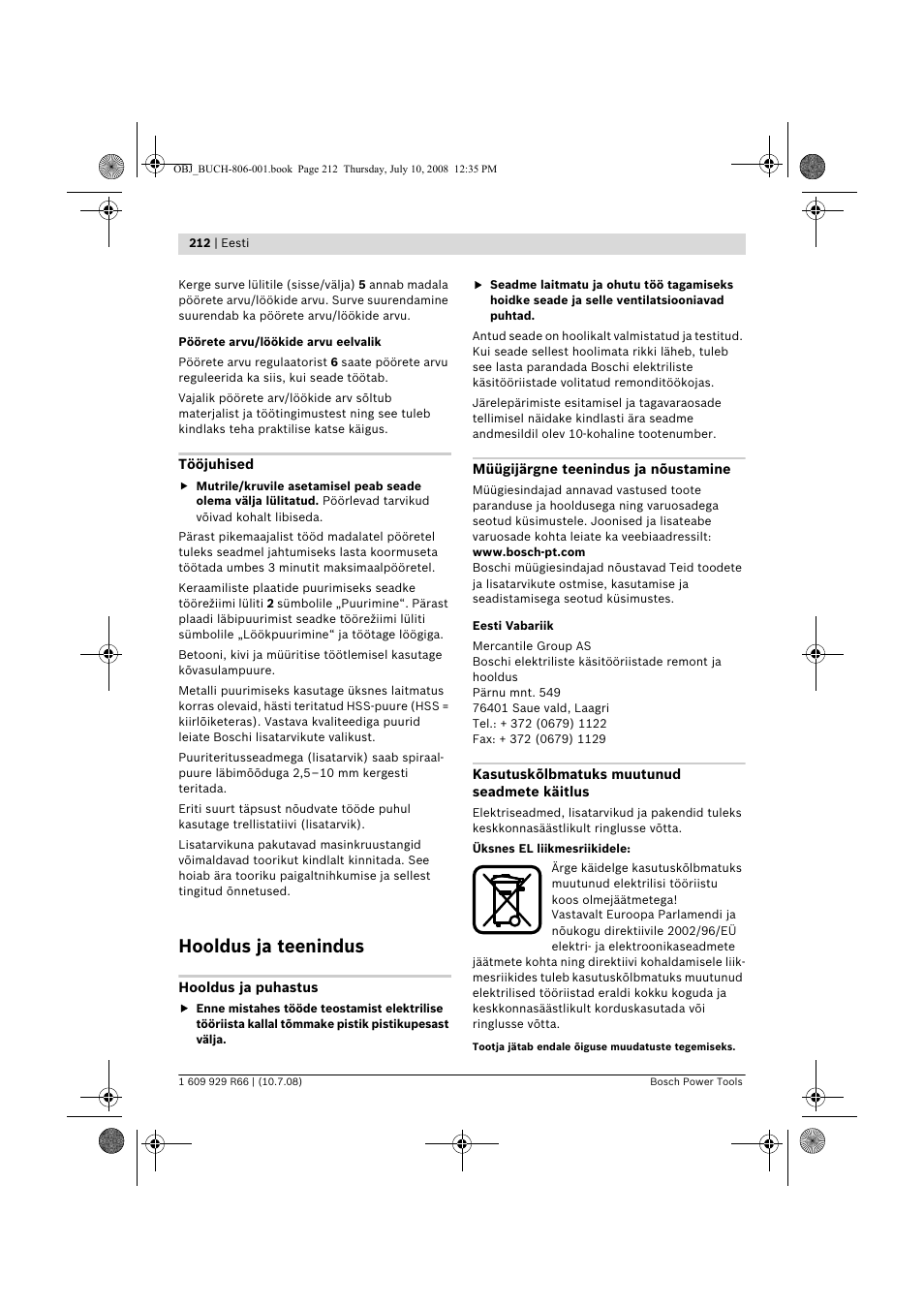 Hooldus ja teenindus | Bosch GSB 16 RE Professional User Manual | Page 212 / 229