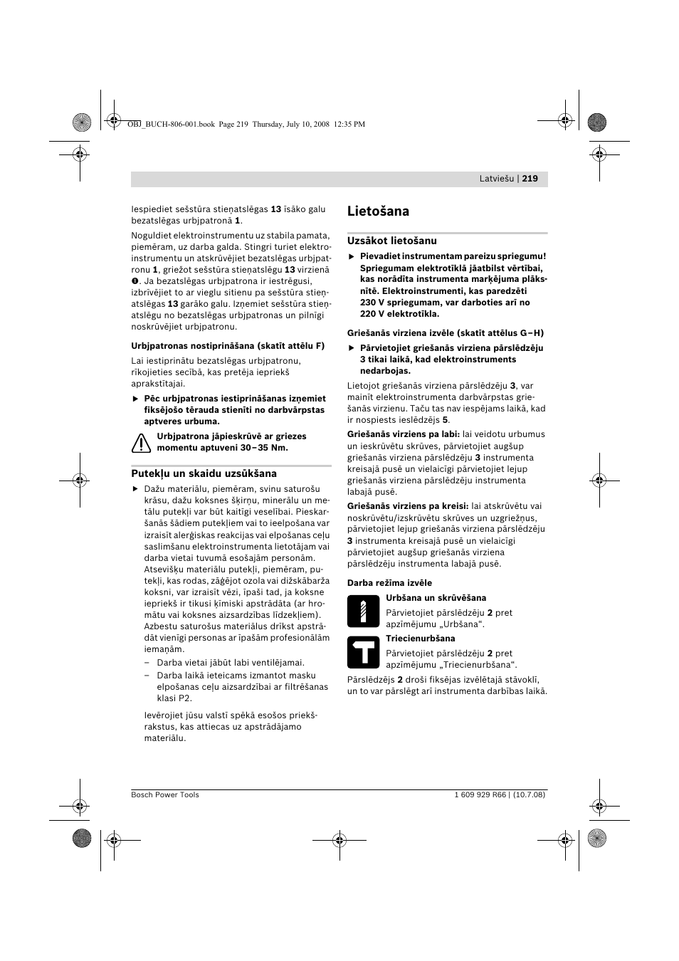 Lietošana | Bosch GSB 16 RE Professional User Manual | Page 219 / 229