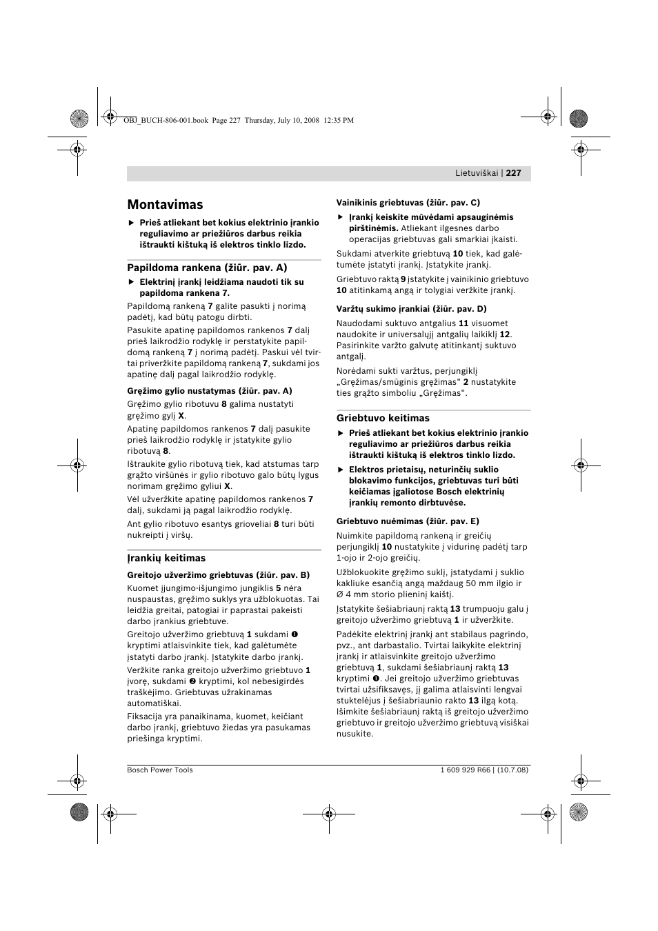 Montavimas | Bosch GSB 16 RE Professional User Manual | Page 227 / 229