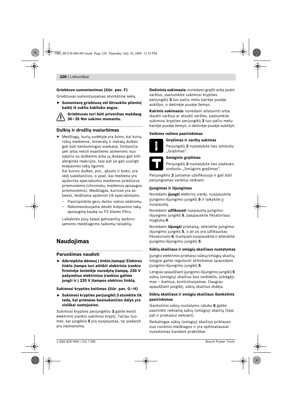 Naudojimas | Bosch GSB 16 RE Professional User Manual | Page 228 / 229