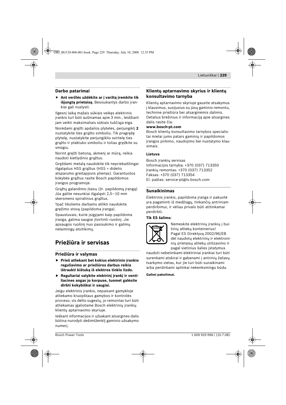 Priežiūra ir servisas | Bosch GSB 16 RE Professional User Manual | Page 229 / 229