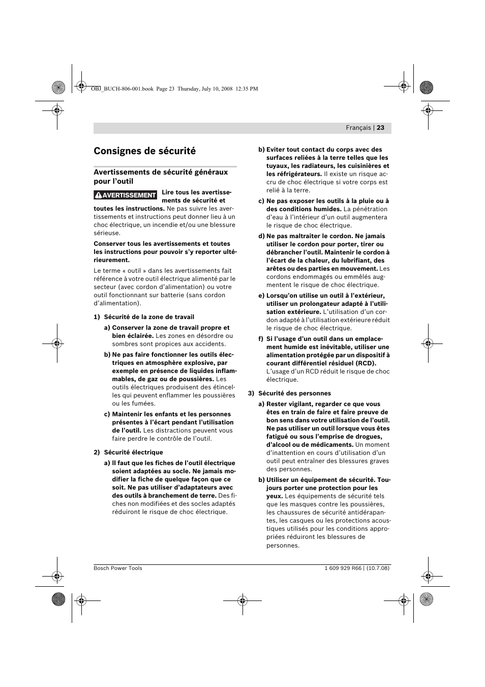 Consignes de sécurité | Bosch GSB 16 RE Professional User Manual | Page 23 / 229