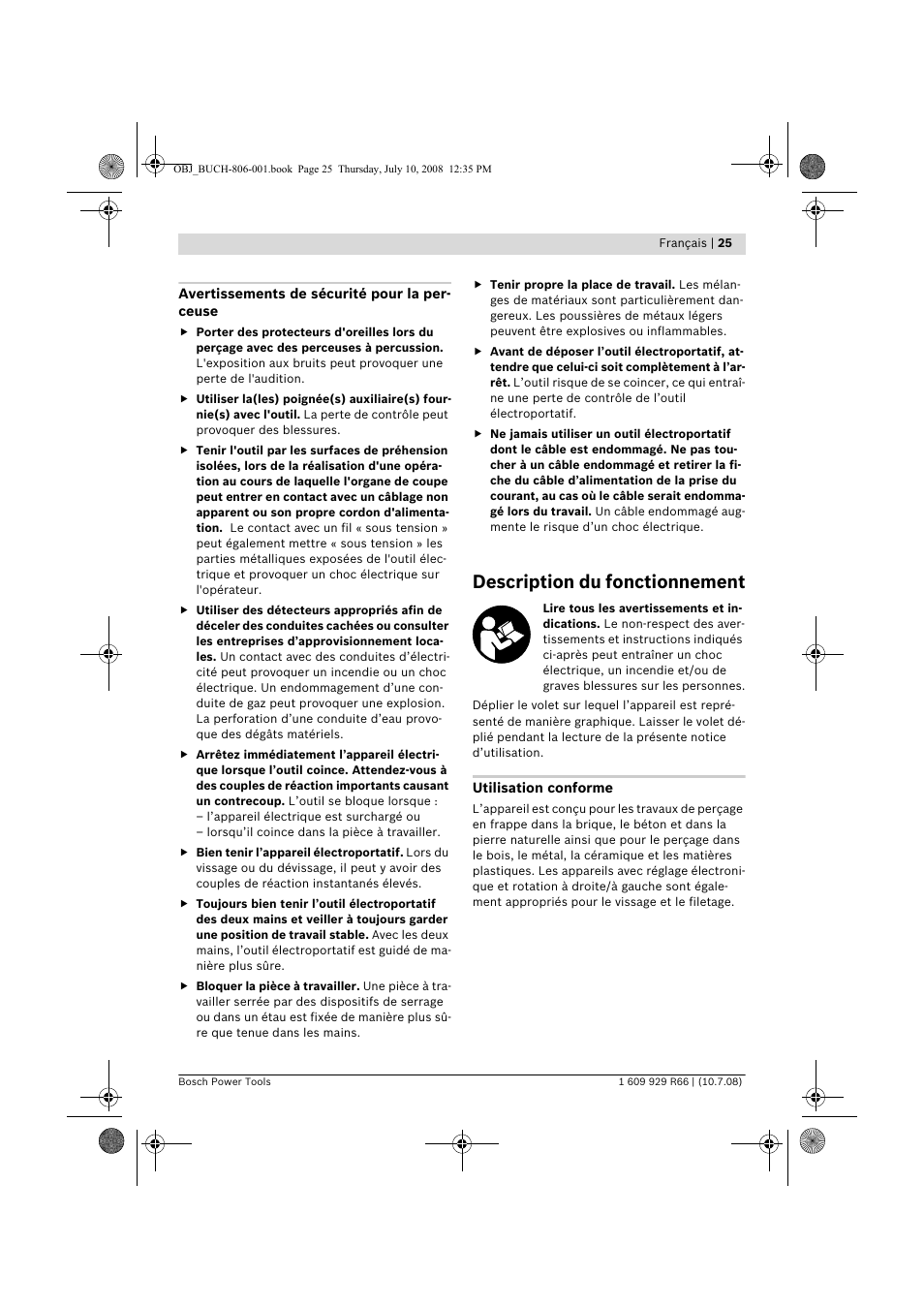 Description du fonctionnement | Bosch GSB 16 RE Professional User Manual | Page 25 / 229