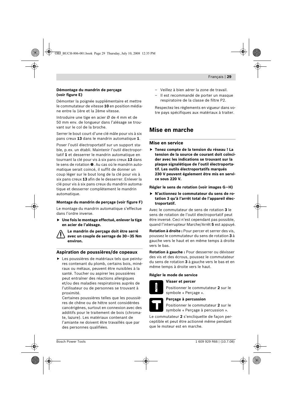 Mise en marche | Bosch GSB 16 RE Professional User Manual | Page 29 / 229