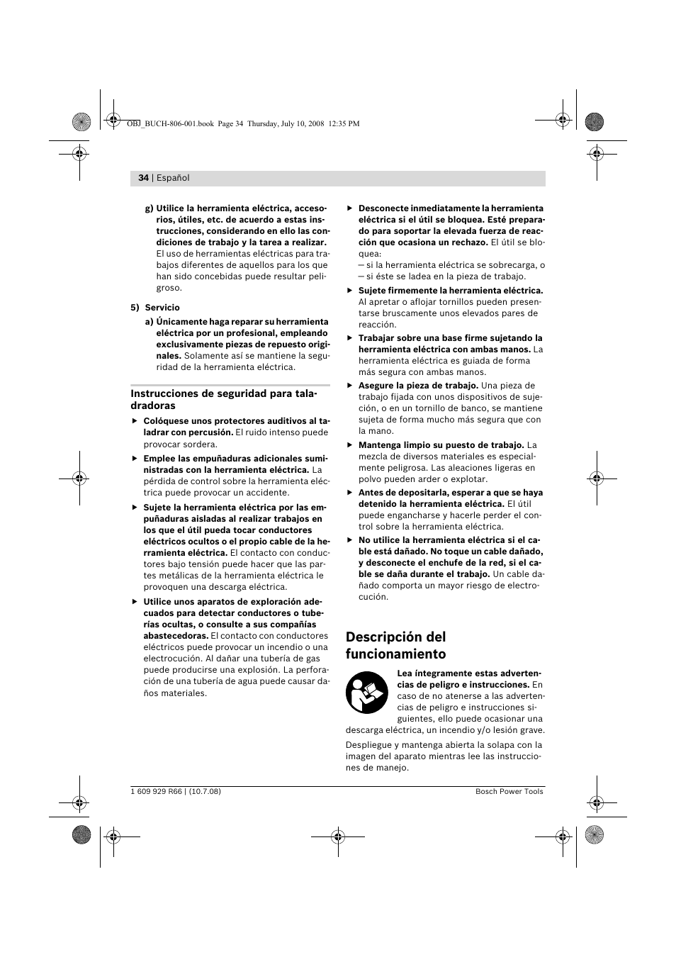 Descripción del funcionamiento | Bosch GSB 16 RE Professional User Manual | Page 34 / 229