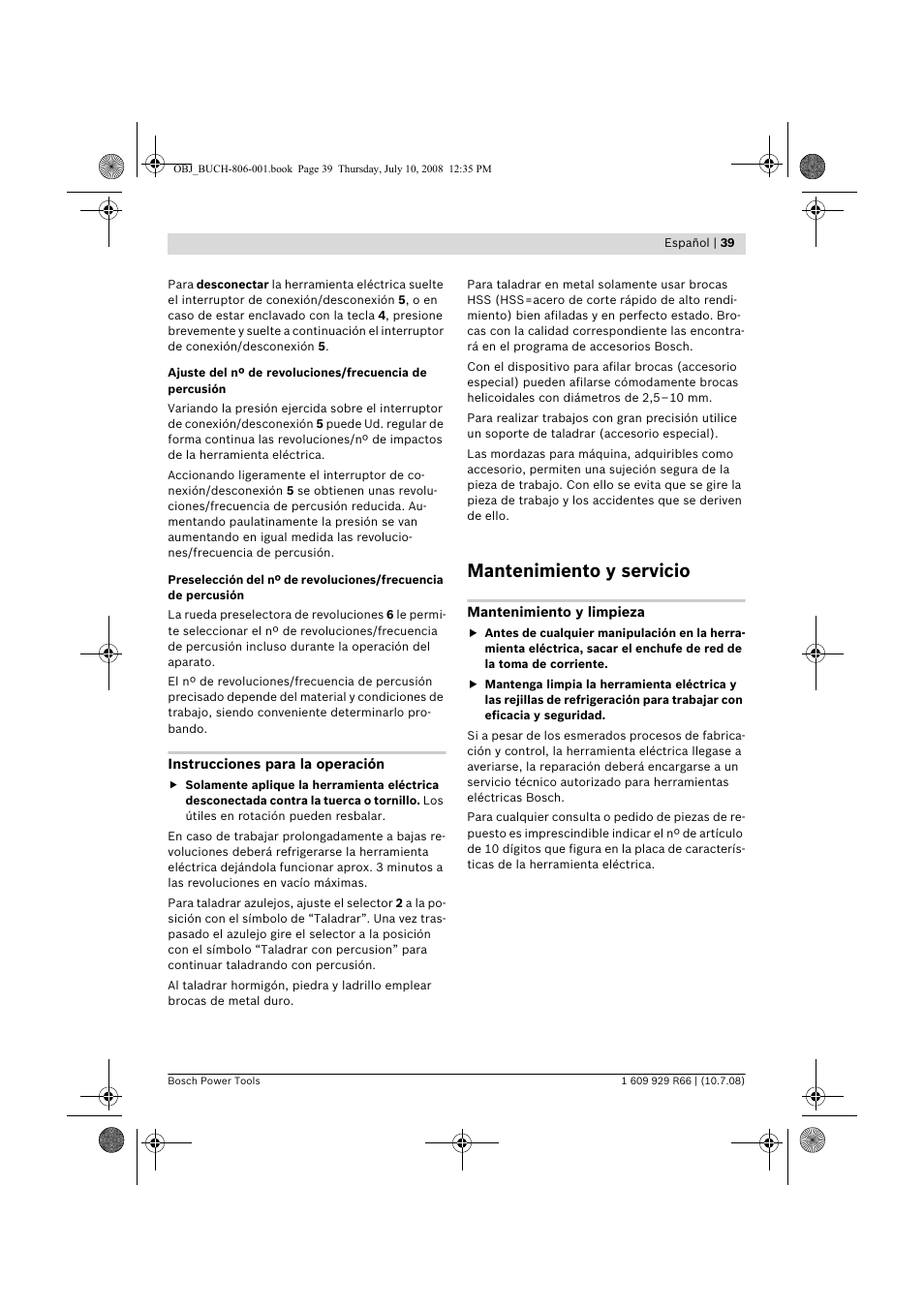 Mantenimiento y servicio | Bosch GSB 16 RE Professional User Manual | Page 39 / 229