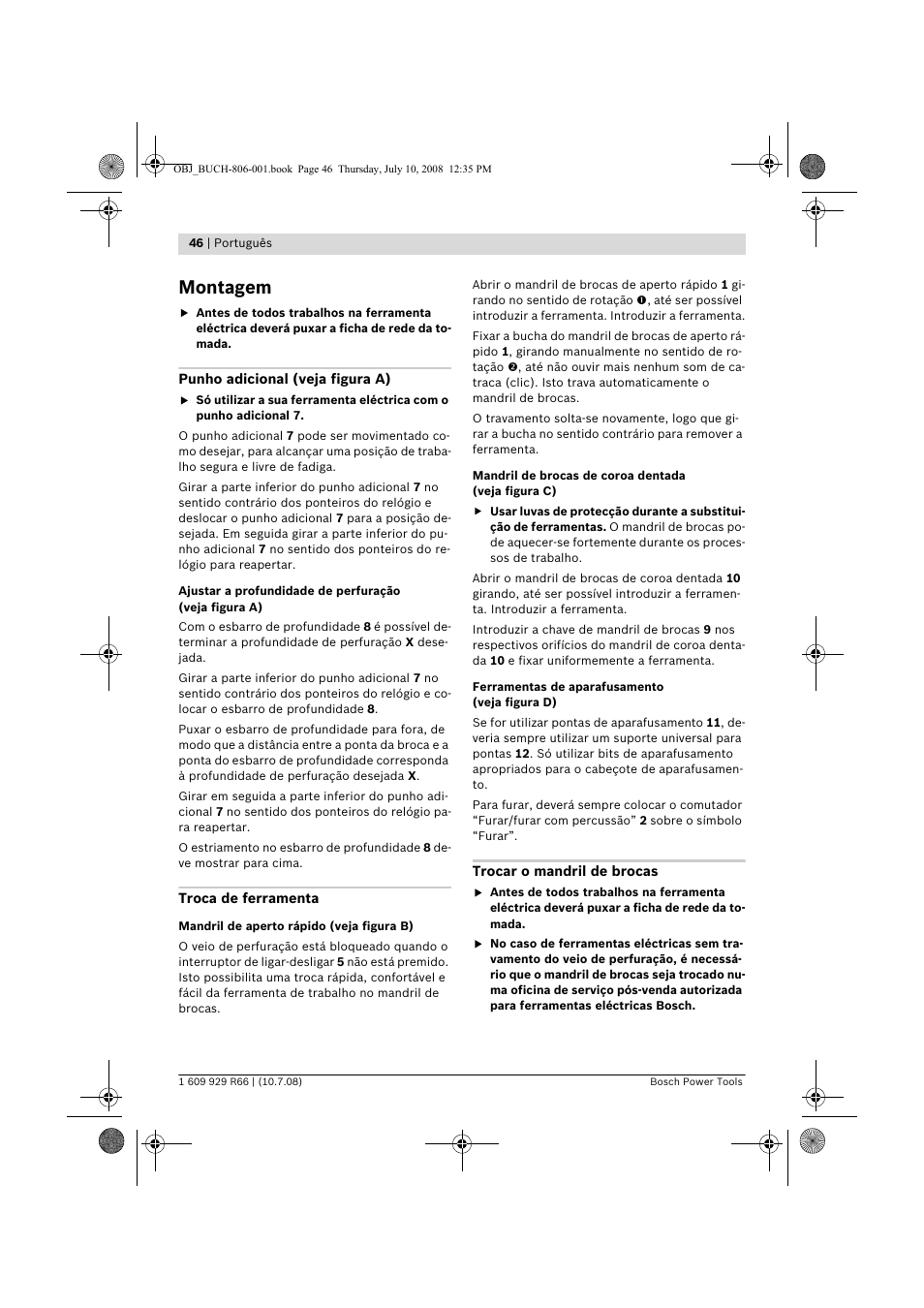 Montagem | Bosch GSB 16 RE Professional User Manual | Page 46 / 229
