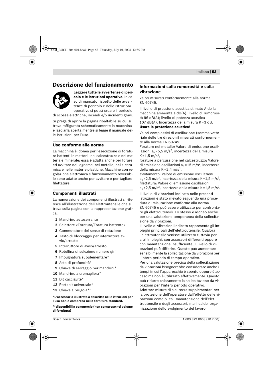 Descrizione del funzionamento | Bosch GSB 16 RE Professional User Manual | Page 53 / 229