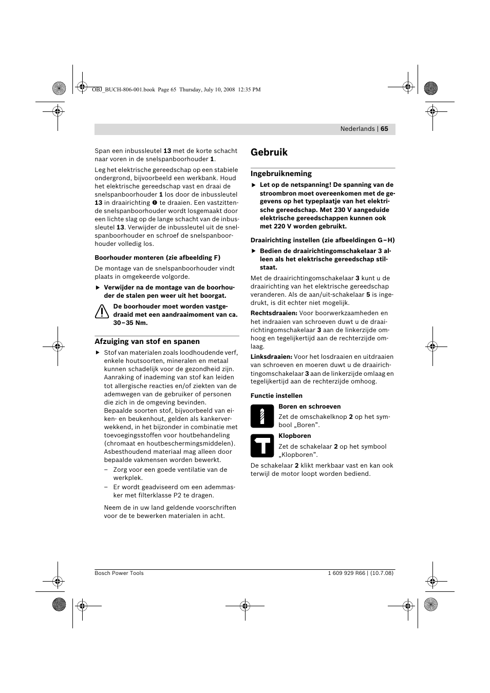 Gebruik | Bosch GSB 16 RE Professional User Manual | Page 65 / 229
