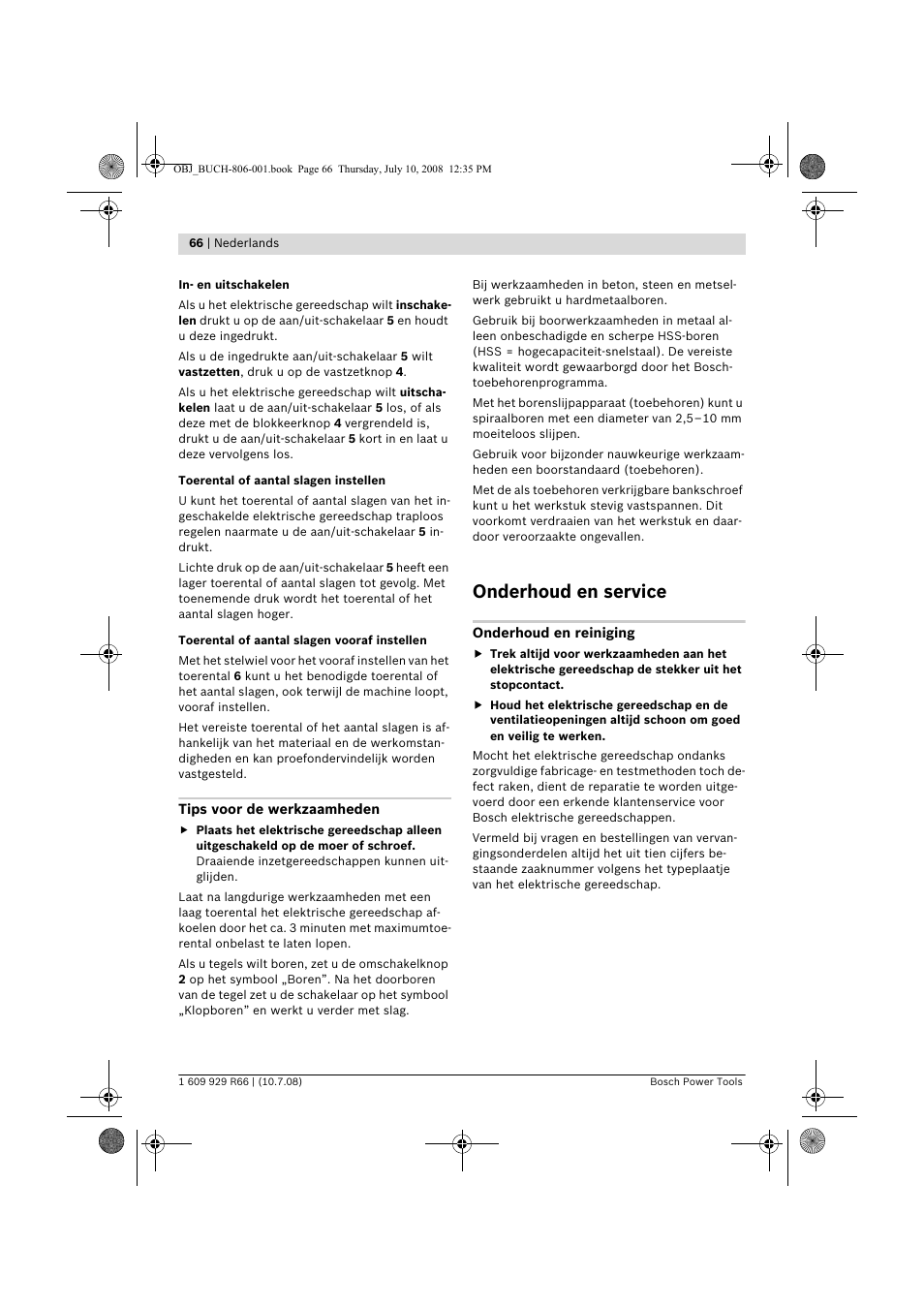 Onderhoud en service | Bosch GSB 16 RE Professional User Manual | Page 66 / 229