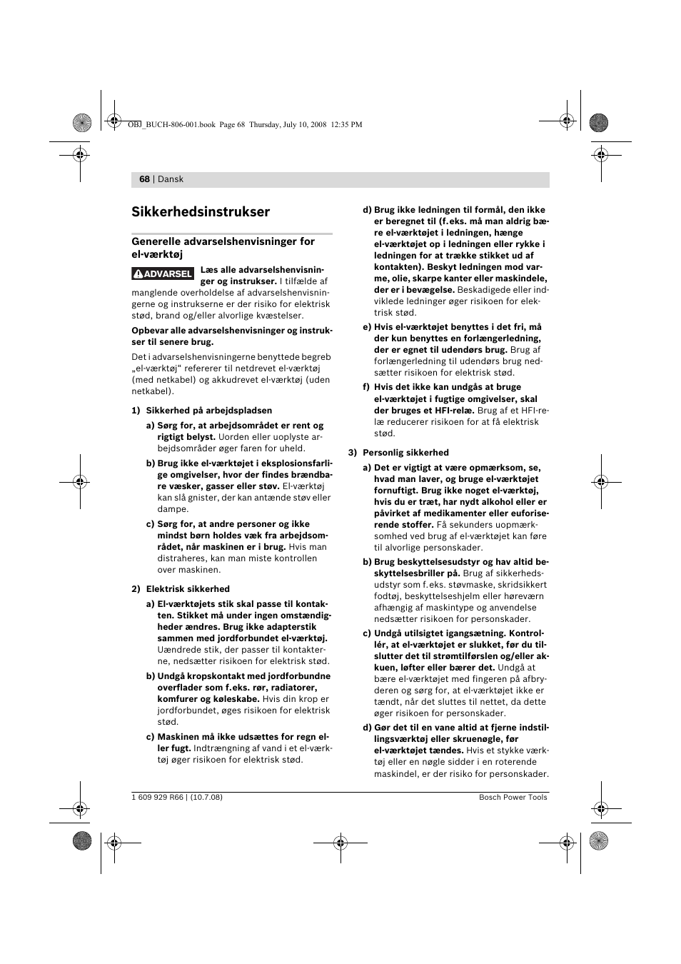 Sikkerhedsinstrukser | Bosch GSB 16 RE Professional User Manual | Page 68 / 229