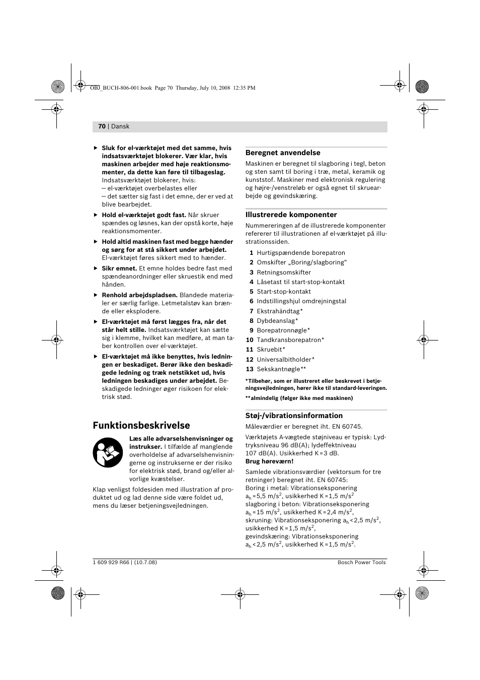 Funktionsbeskrivelse | Bosch GSB 16 RE Professional User Manual | Page 70 / 229