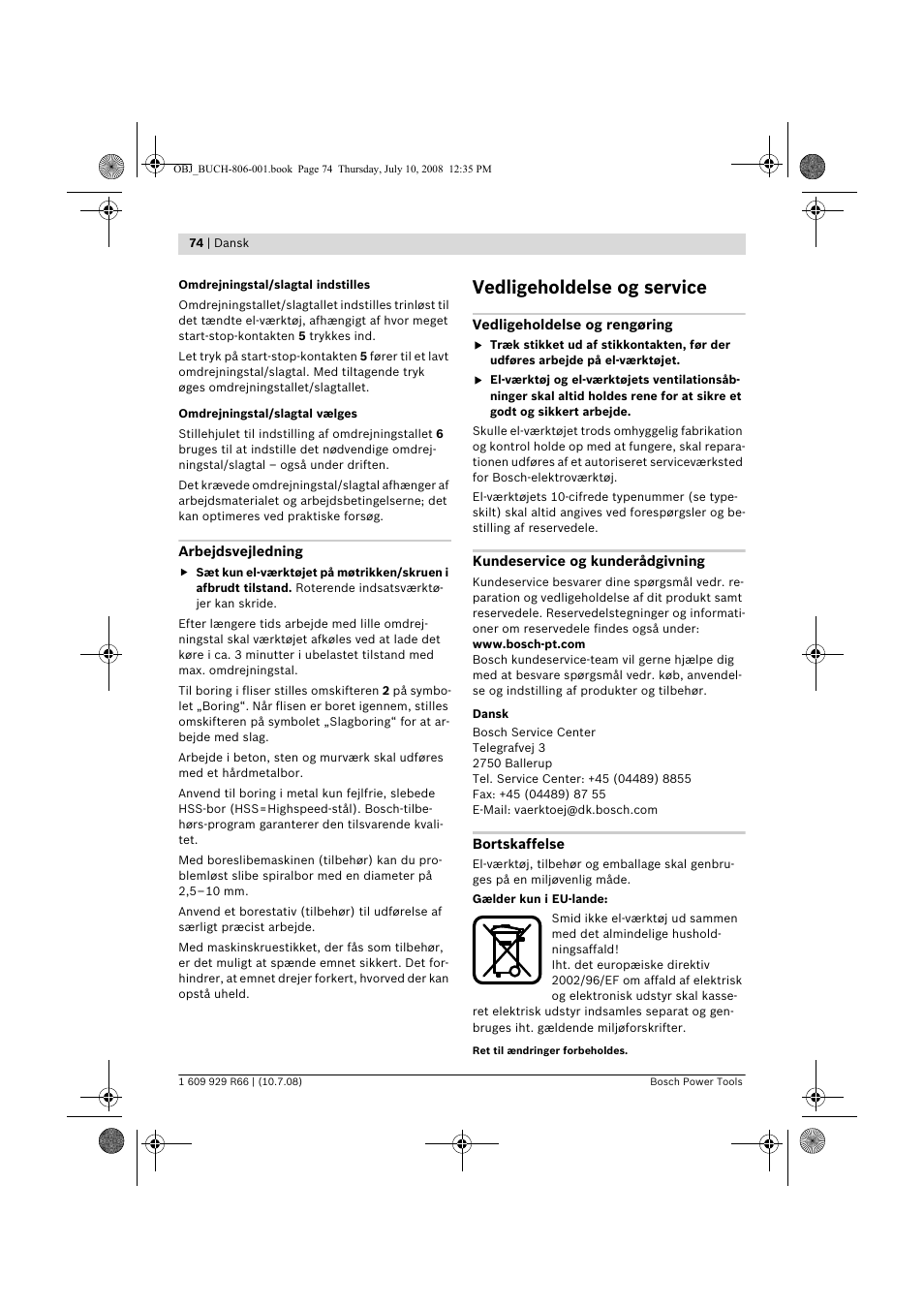 Vedligeholdelse og service | Bosch GSB 16 RE Professional User Manual | Page 74 / 229