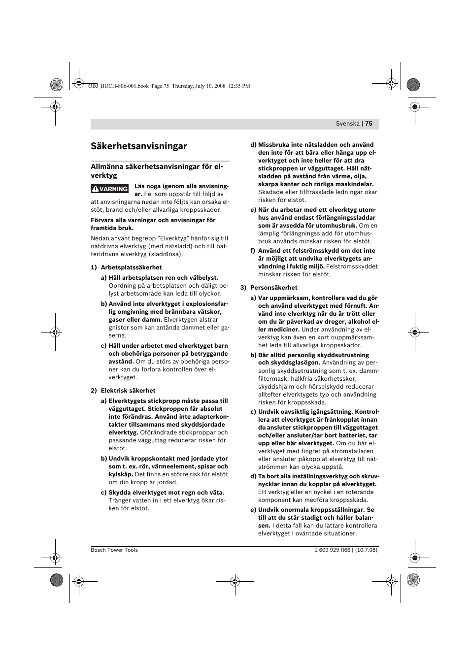 Säkerhetsanvisningar | Bosch GSB 16 RE Professional User Manual | Page 75 / 229