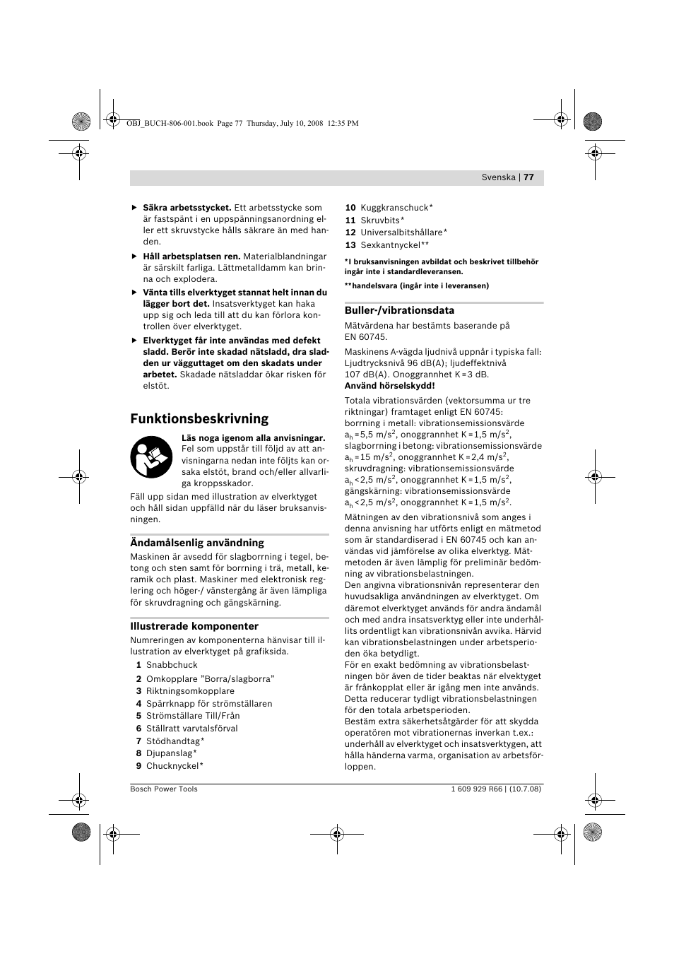 Funktionsbeskrivning | Bosch GSB 16 RE Professional User Manual | Page 77 / 229