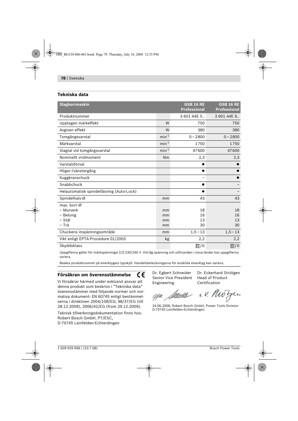 Bosch GSB 16 RE Professional User Manual | Page 78 / 229