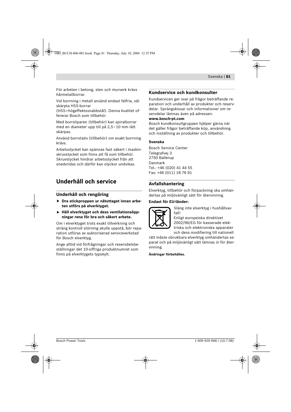 Underhåll och service | Bosch GSB 16 RE Professional User Manual | Page 81 / 229