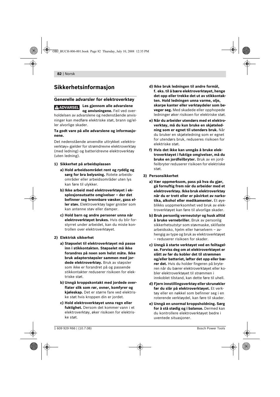 Sikkerhetsinformasjon | Bosch GSB 16 RE Professional User Manual | Page 82 / 229