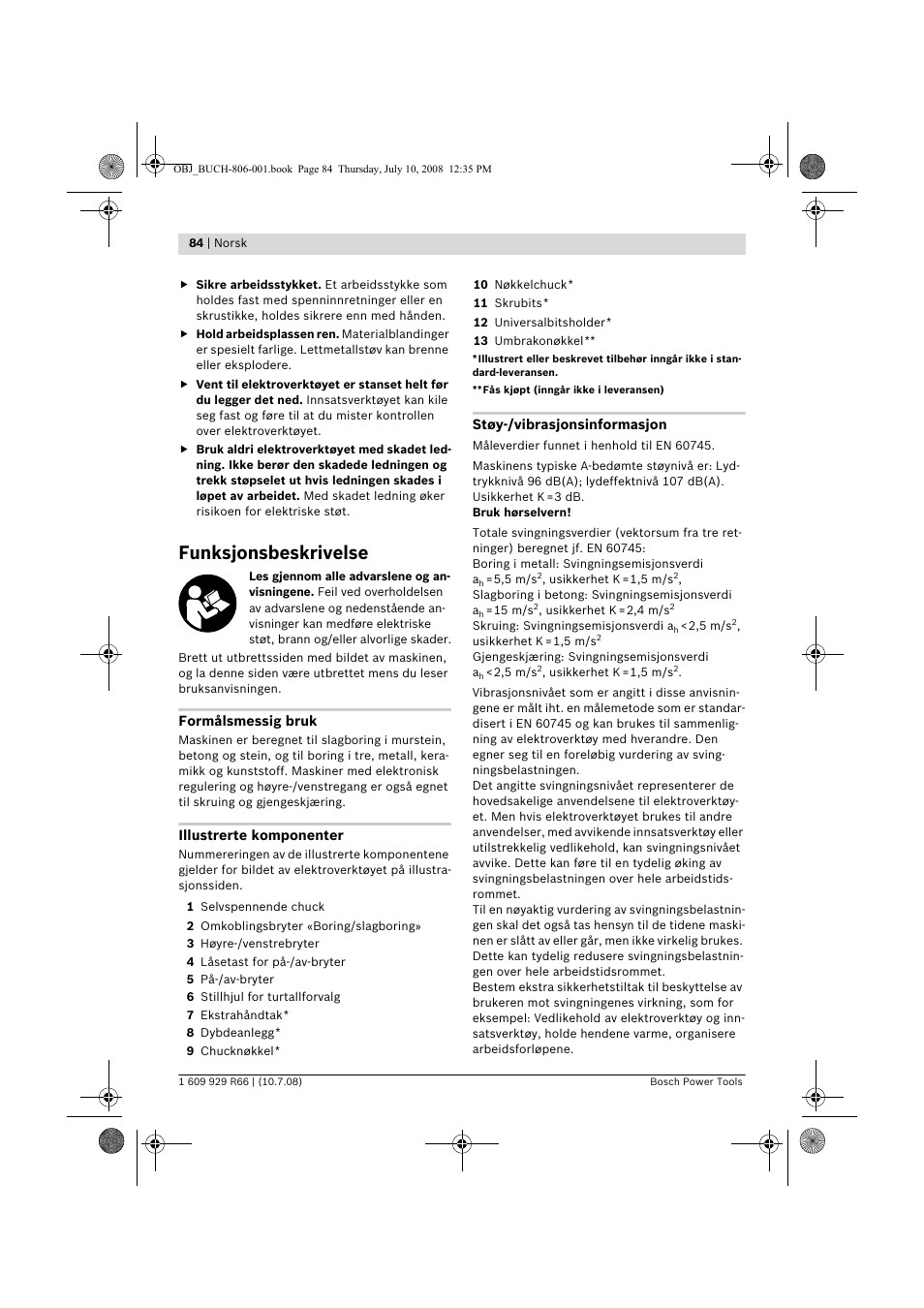 Funksjonsbeskrivelse | Bosch GSB 16 RE Professional User Manual | Page 84 / 229