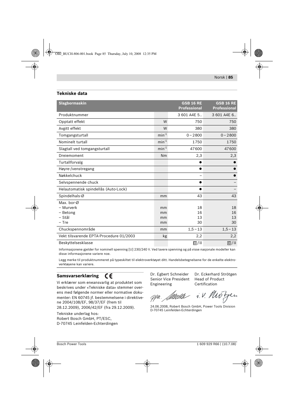 Bosch GSB 16 RE Professional User Manual | Page 85 / 229