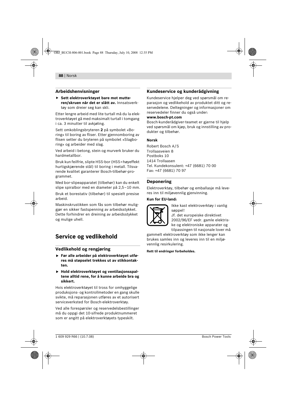 Service og vedlikehold | Bosch GSB 16 RE Professional User Manual | Page 88 / 229