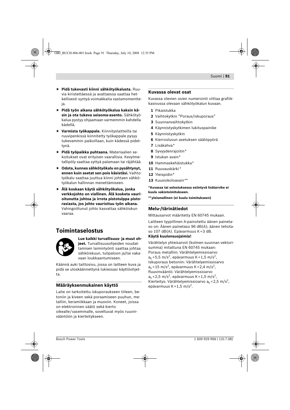 Toimintaselostus | Bosch GSB 16 RE Professional User Manual | Page 91 / 229