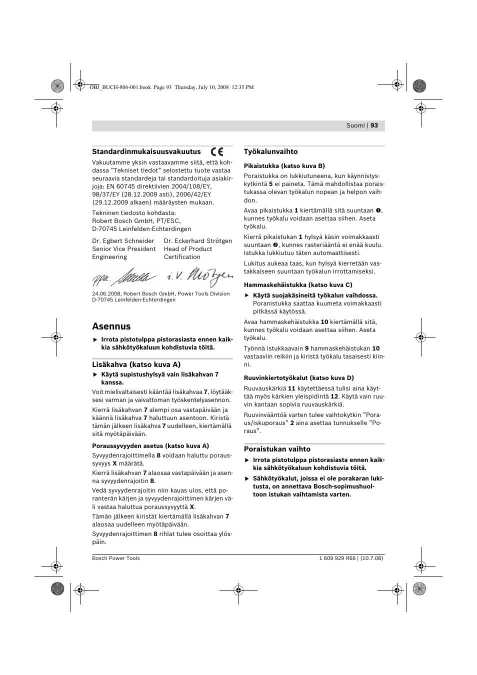 Asennus | Bosch GSB 16 RE Professional User Manual | Page 93 / 229