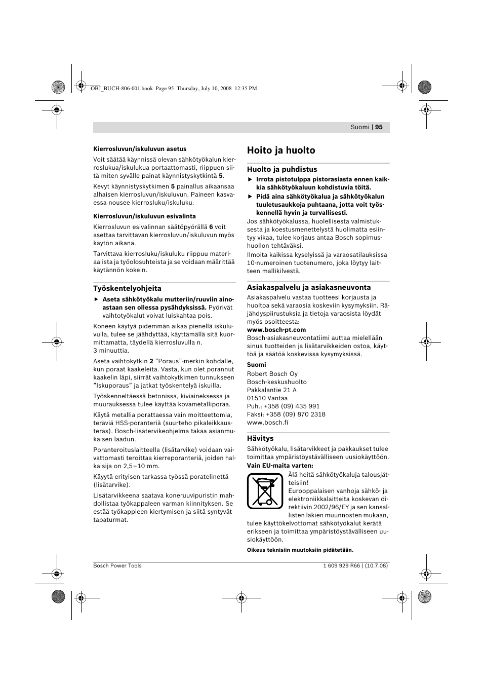 Hoito ja huolto | Bosch GSB 16 RE Professional User Manual | Page 95 / 229