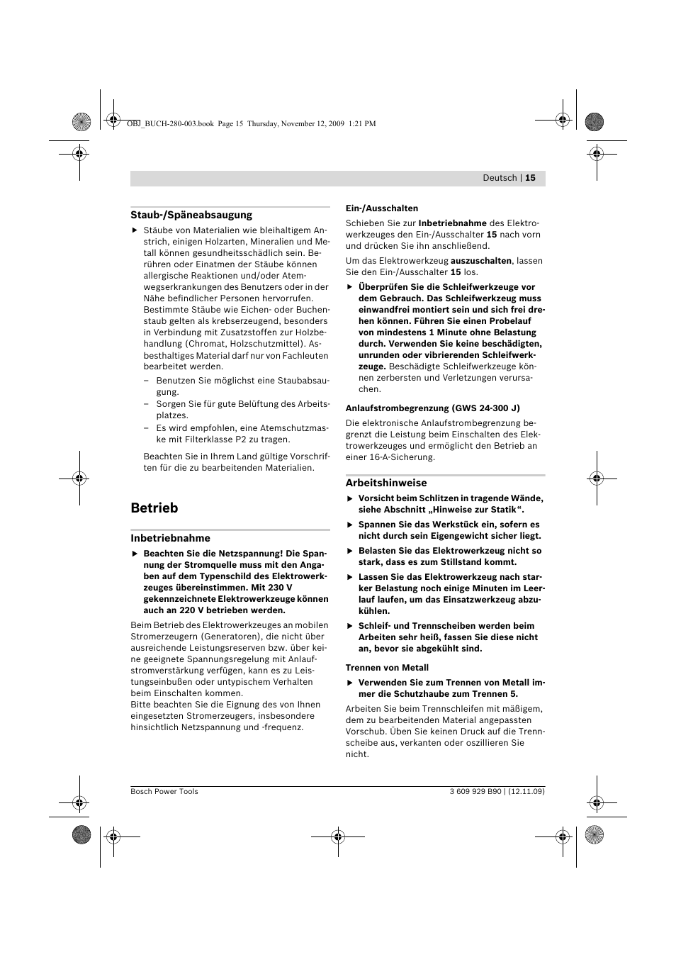 Betrieb | Bosch GWS Professional 24-300 User Manual | Page 15 / 337