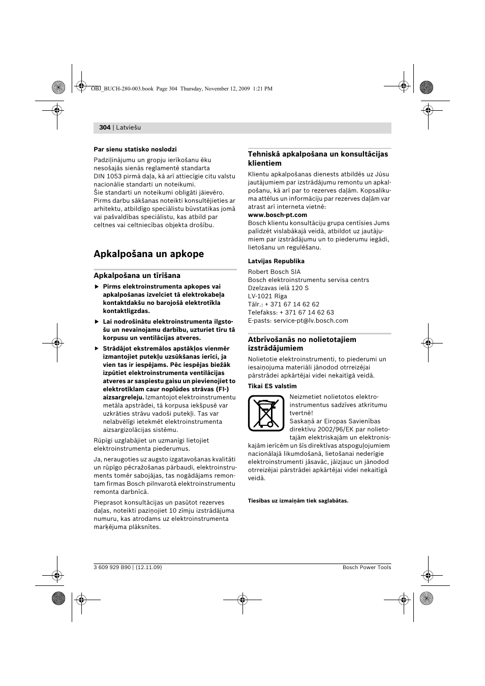 Apkalpošana un apkope | Bosch GWS Professional 24-300 User Manual | Page 304 / 337
