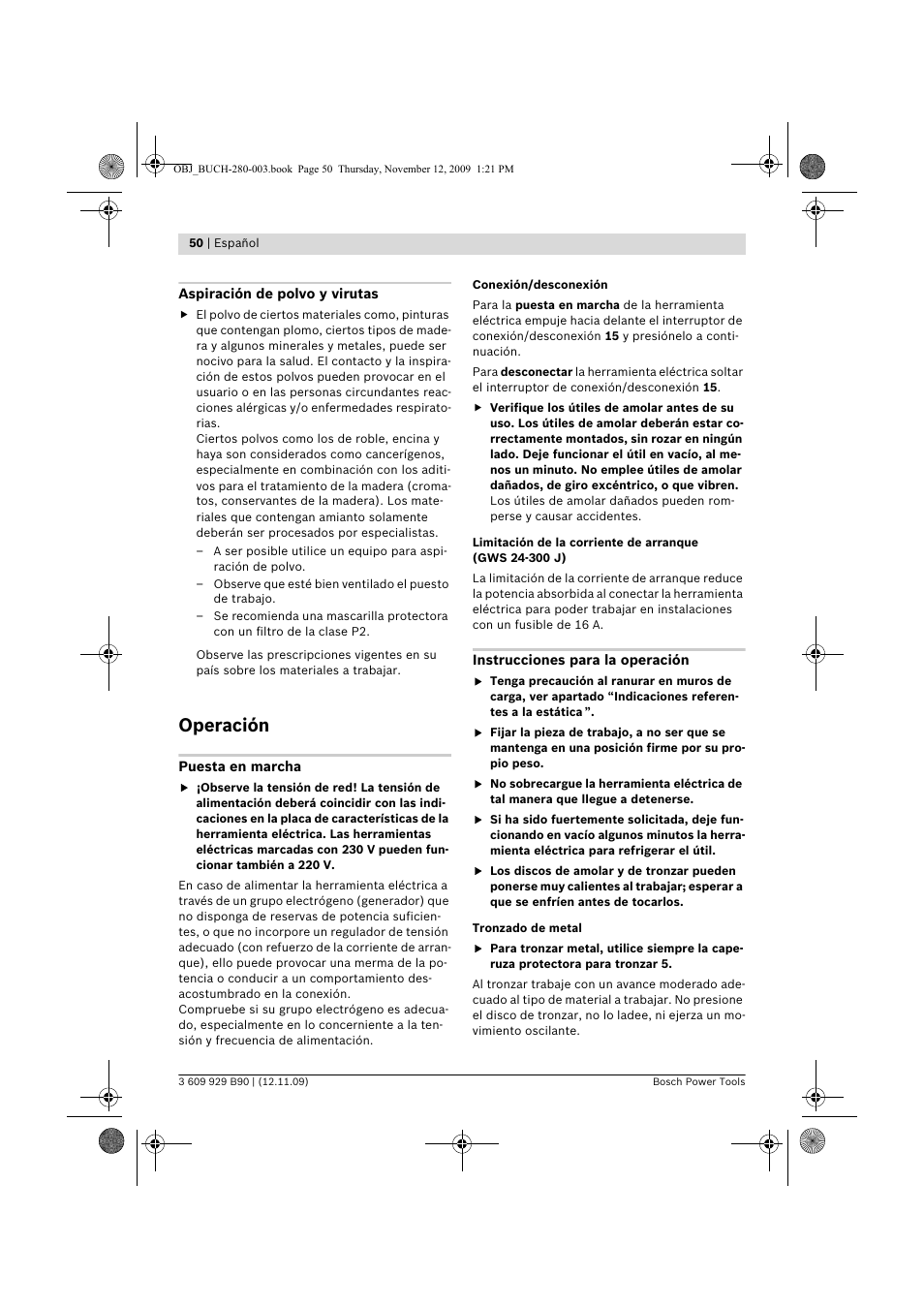 Operación | Bosch GWS Professional 24-300 User Manual | Page 50 / 337