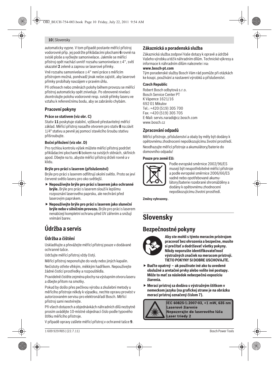 Slovensky, Údržba a servis, Bezpečnostné pokyny | Bosch PCL 10 User Manual | Page 10 / 39