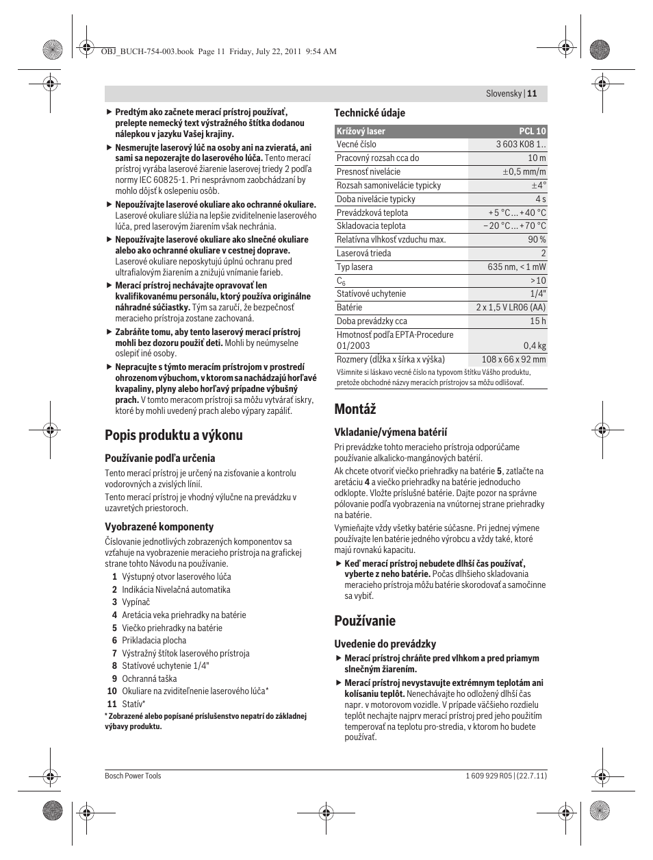 Popis produktu a výkonu, Montáž, Používanie | Bosch PCL 10 User Manual | Page 11 / 39